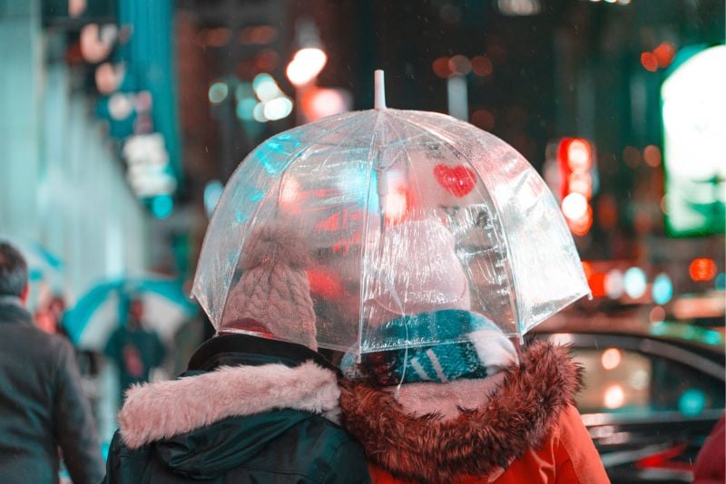 两个人走路用伞在雨天在纽约